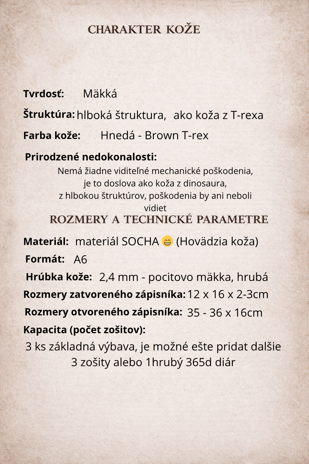 Kožený zápisník A6 - Hnedá - brown T-rex - dlhá verzia