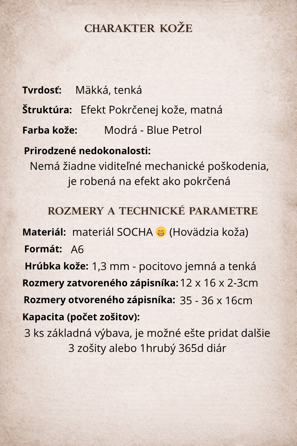 Kožený zápisník A6 - Modrá - Blue Petrol - dlhá verzia