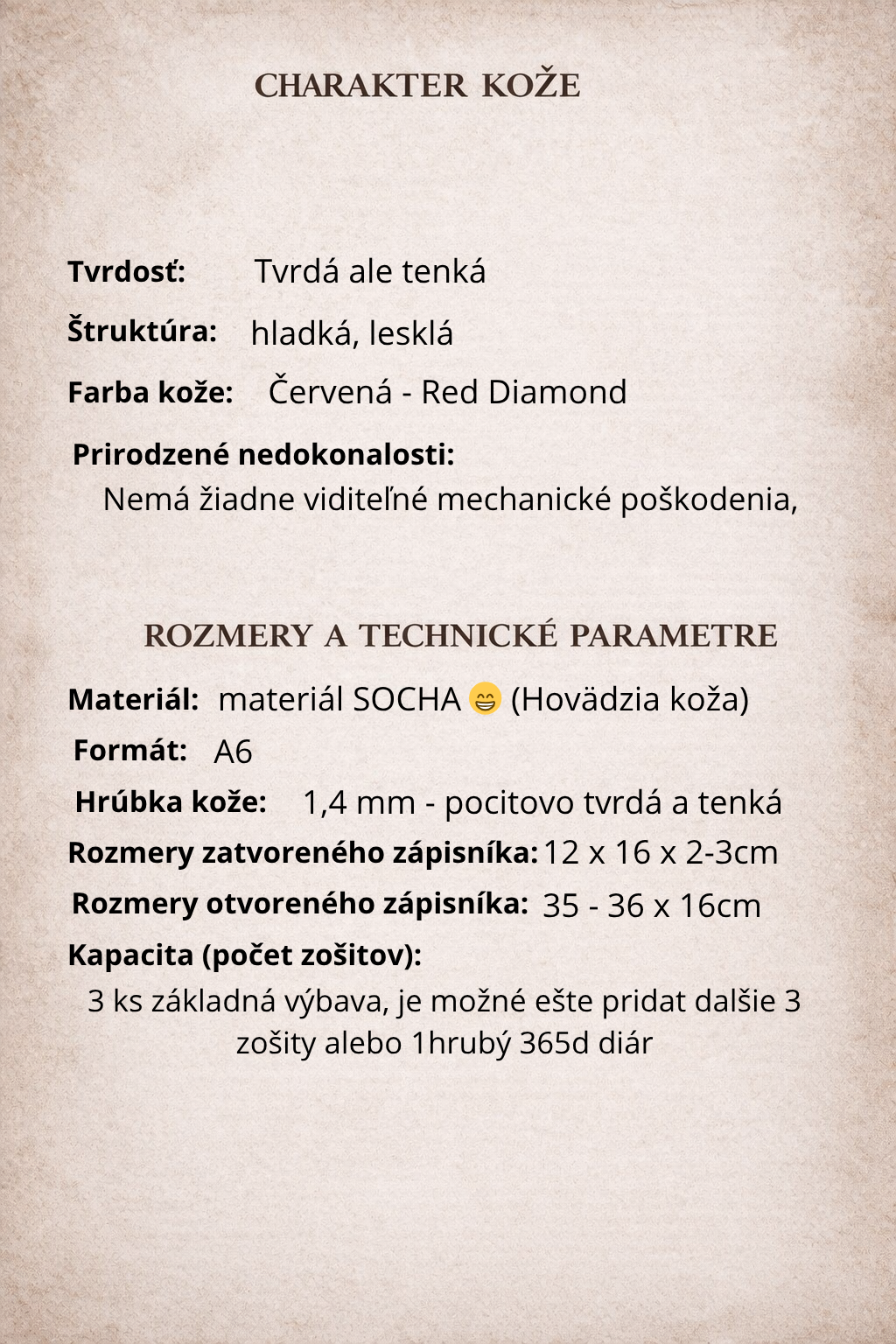 Kožený zápisník A6 - červená - Red Diamond - Dlhá verzia