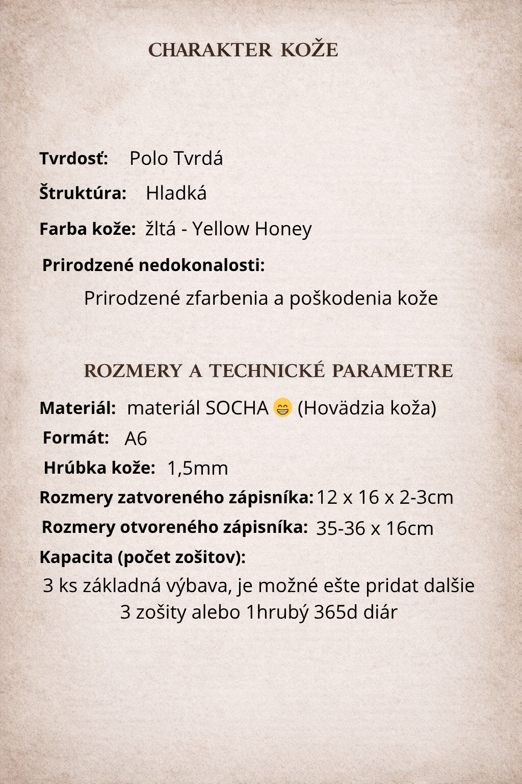 Kožený zápisník A6 - žltá - Yellow Honey - dlhá verzia