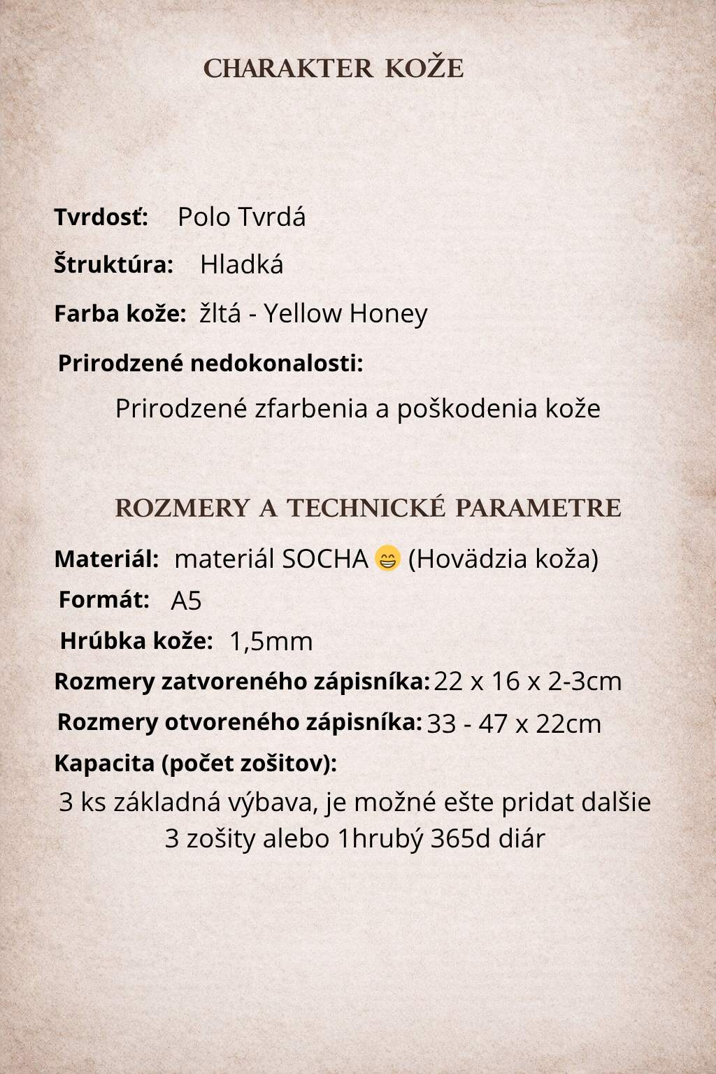 Kožený zápisník A5 - Žltá - Yellow Honey - dlhá verzia