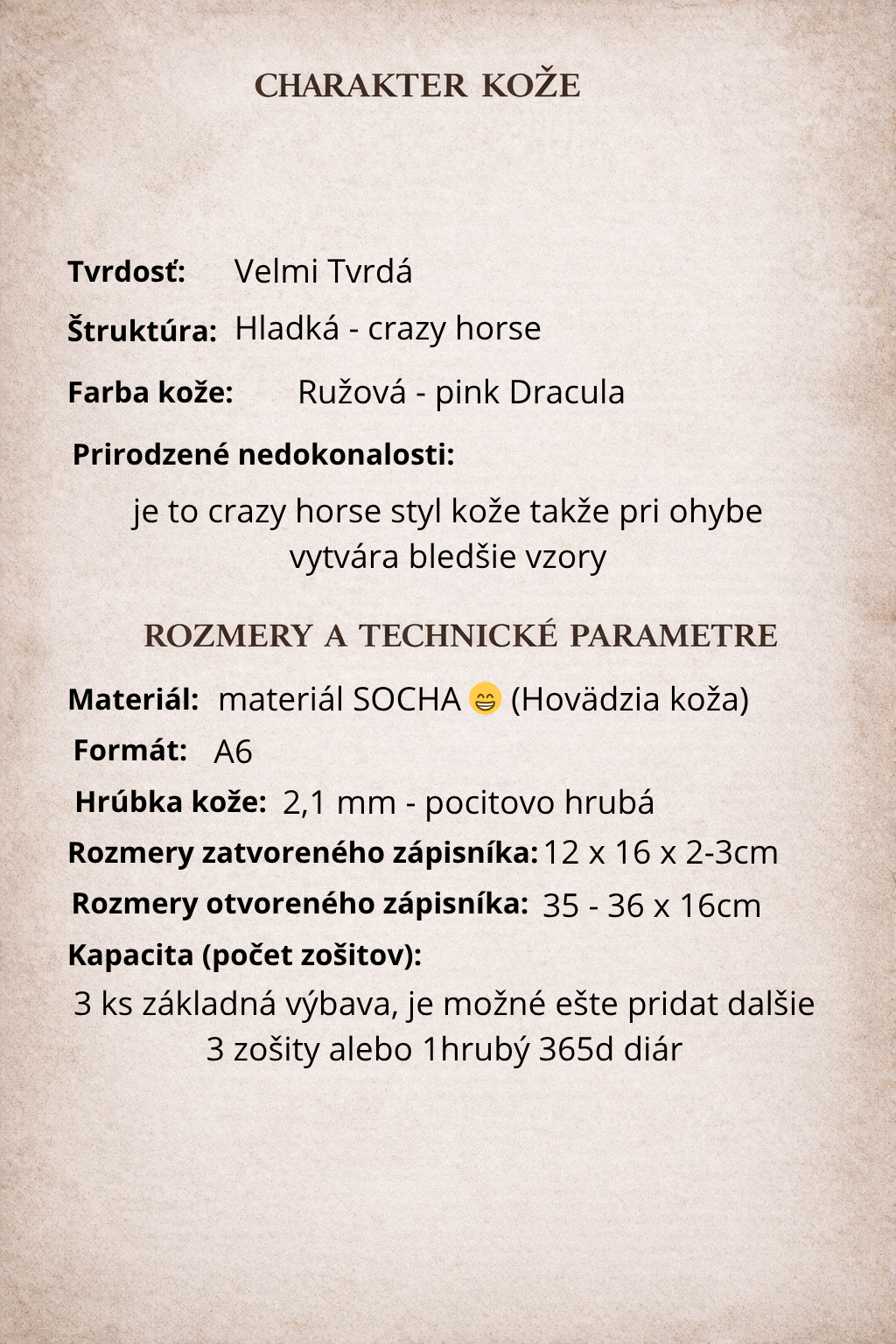 Kožený zápisník A6 - Ružová - pink dracula - krátka verzia