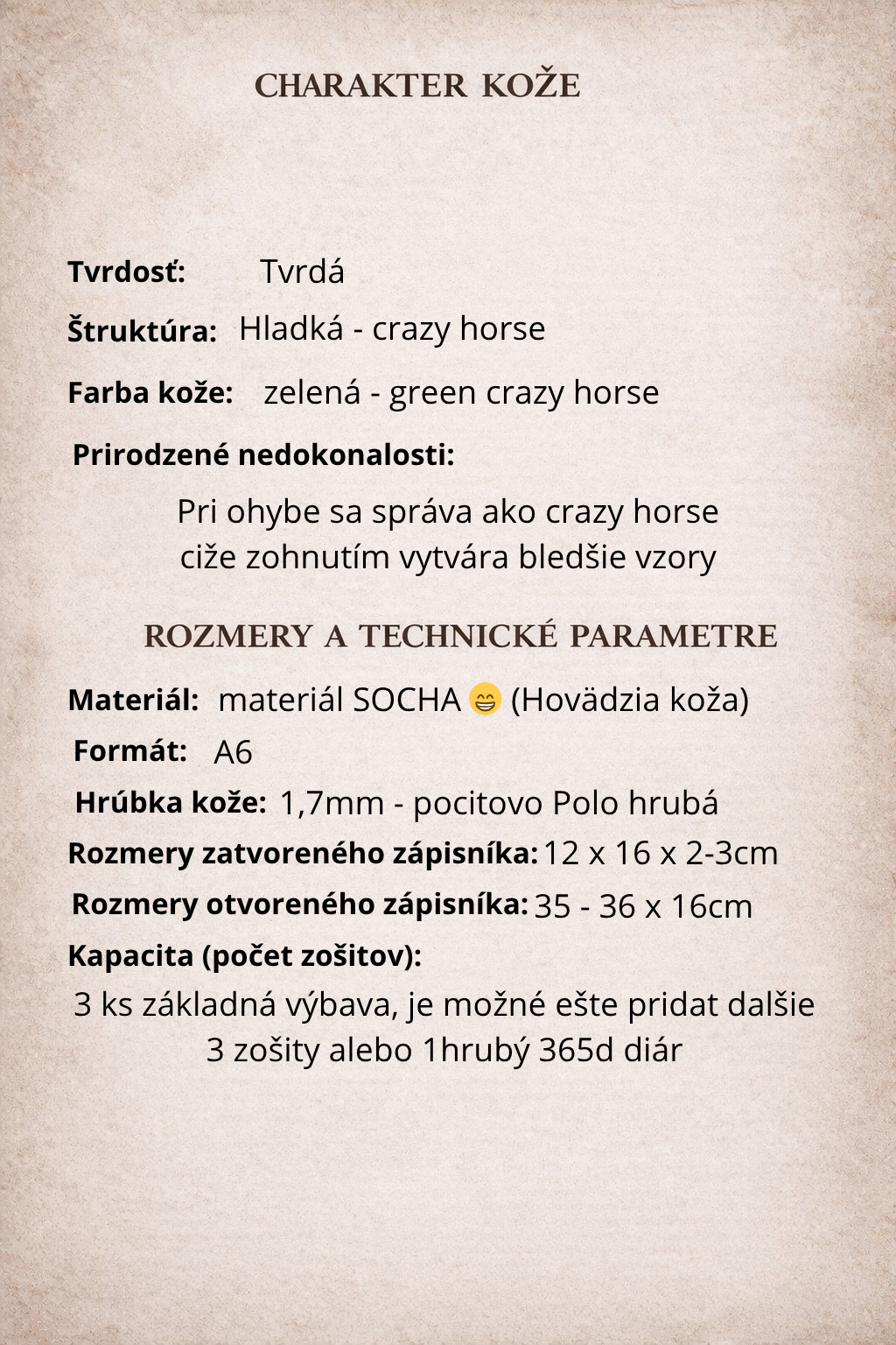 Kožený zápisník A6 - Zelená - Green crazy horse - dlhá verzia