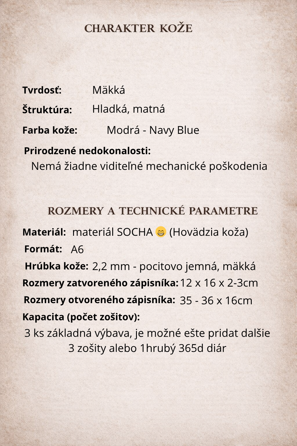 Kožený zápisník A6 - Modrá - Blue Navy - dlhá verzia