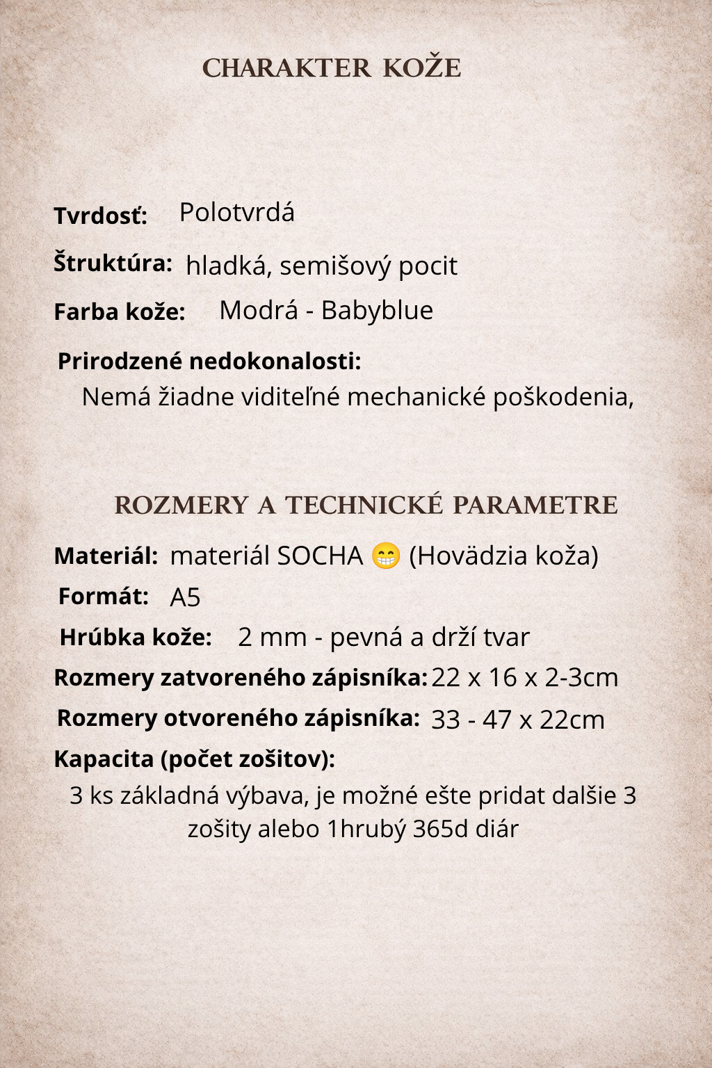Kožený zápisník A5 - Modrá - Baby blue - Dlhá verzia