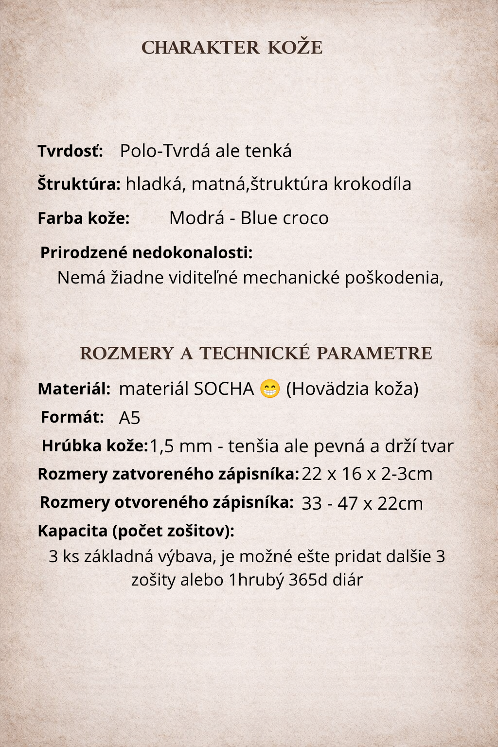 Kožený zápisník A5 - Modrá - Blue croco - Dlhá verzia