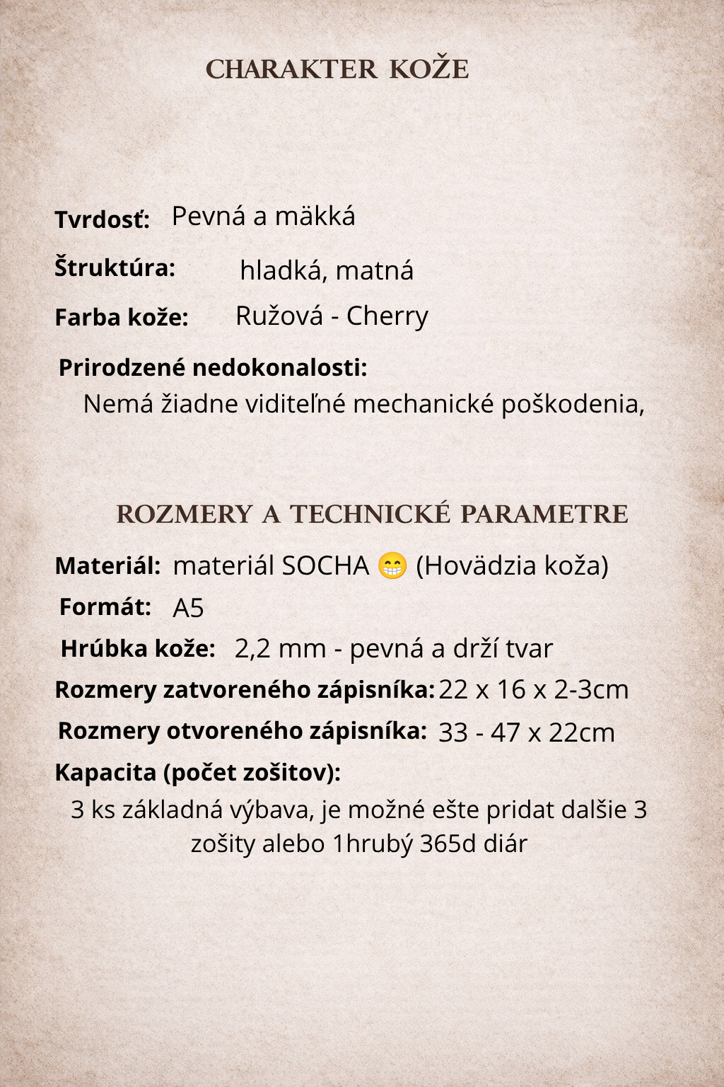 Kožený zápisník A5 - Ružová - Cherry čerešňová - Dlhá verzia