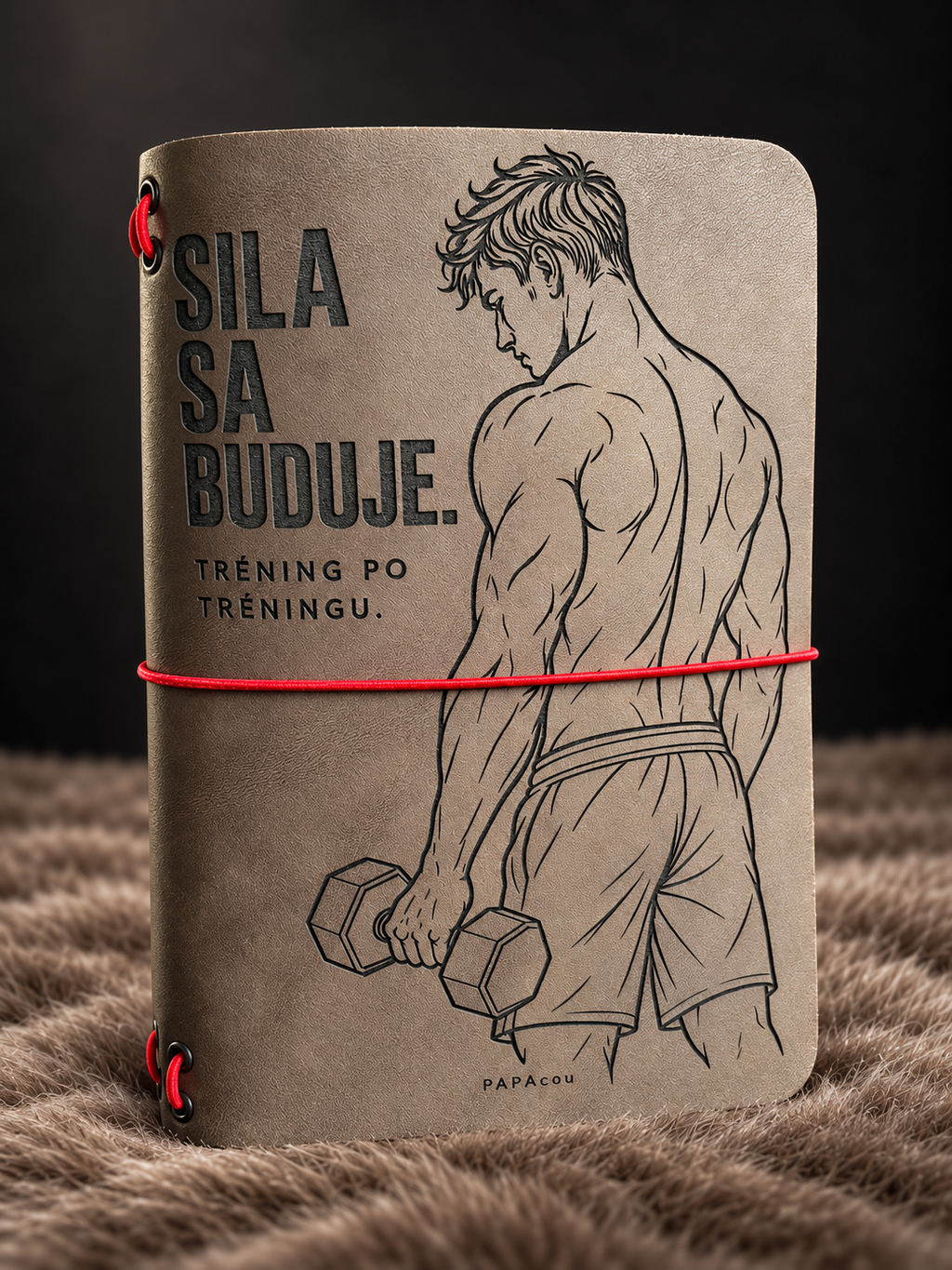 Kožený zápisník A5 Strong man – predná strana s motívom športovca a nápisom Sila sa buduje